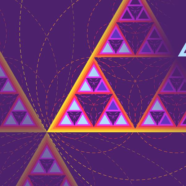 This is abstract art showing a purple background with thickly outlined equilateral triangles arranged point-up as a Sierpinski gasket. The triangles appear in a range of saturated warm colors, and some of the smallest ones are filled with pale blue. Behind the triangles are corresponding circles in thin dashed outlines. In the center is a single triangle in an extra-thick pale blue outline, reminiscent of the alchemical symbol for fire.